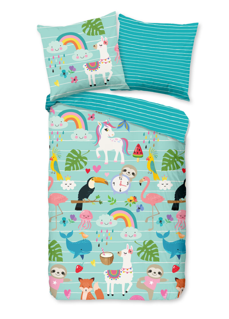 Good Morning dekbedovertrek dieren en regenbogen - Aqua - 135 x 200 cm - 100% katoen
