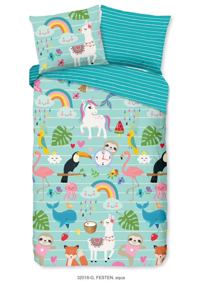 Good Morning dekbedovertrek dieren en regenbogen - Aqua - 140 x 200/220 cm - 100% katoen