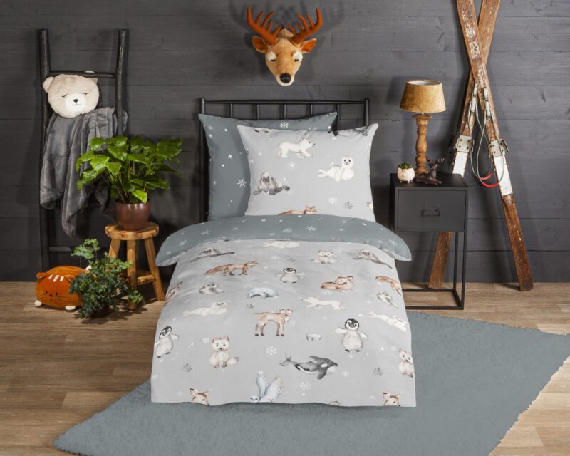 Dieren in winterthema overtrek van Good Morning, 135 x 200 cm, kussensloop 80 x 80 cm