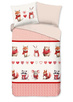 Good Morning dekbedovertrek dieren met sjaal - Rood - 135 x 200 cm - 100% katoen/flanel