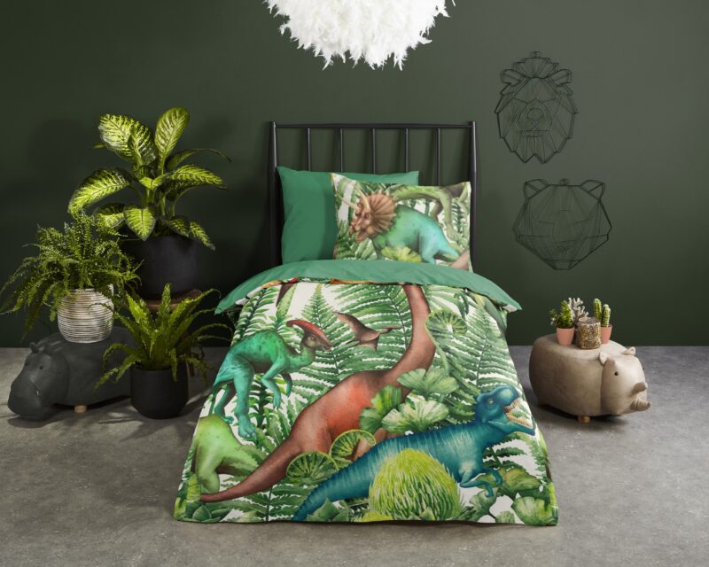 Dinosaurussen overtrek van Good Morning, 140 x 200/220 cm, kussensloop 60 x 70 cm - Groen