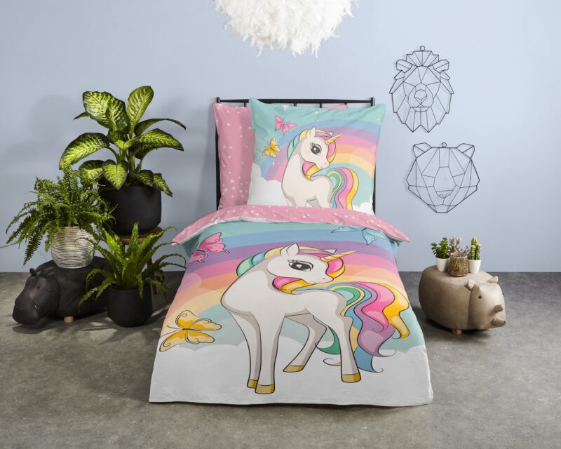 Eenhoorn en regenboog overtrek van Good Morning, 135 x 200 cm, kussensloop 80 x 80 cm