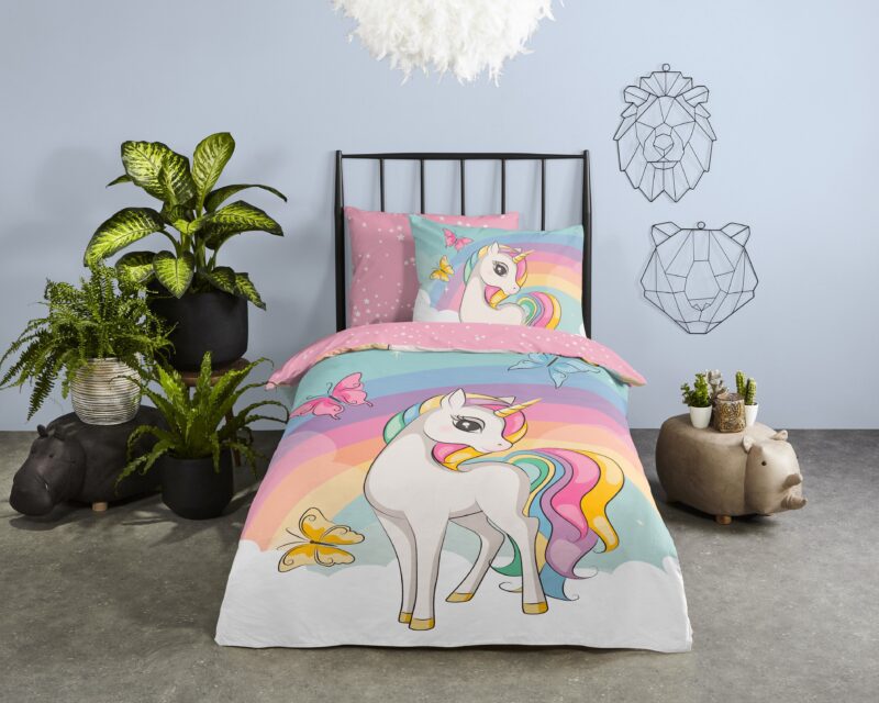 Eenhoorn en regenboog overtrek van Good Morning, 140 x 200/220 cm, kussensloop 60 x 70 cm
