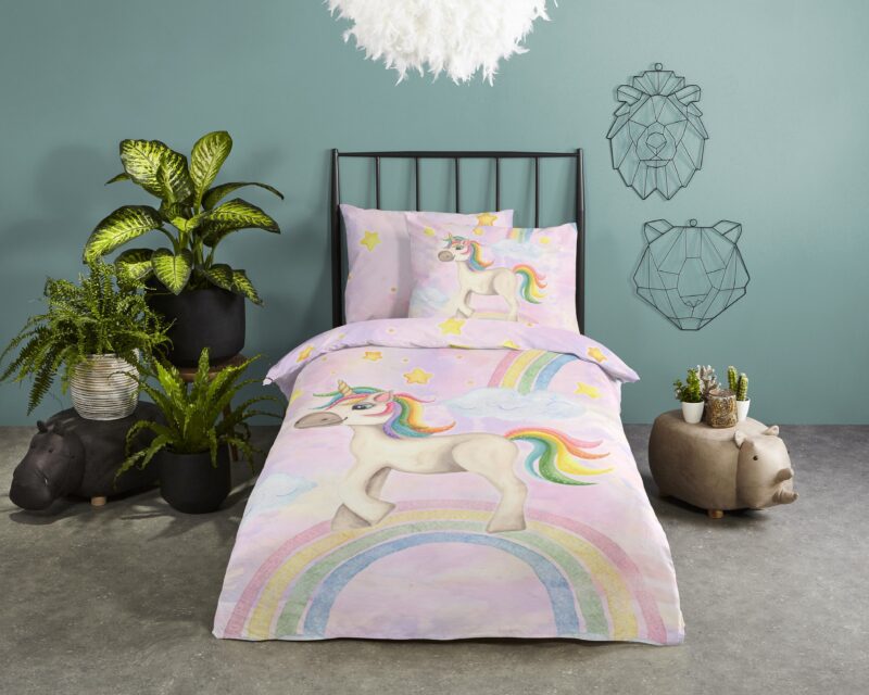 Eenhoorn en regenboog overtrek van Good Morning, 140 x 200/220 cm, kussensloop 60 x 70 cm - kussensloop 60 x 70 cm