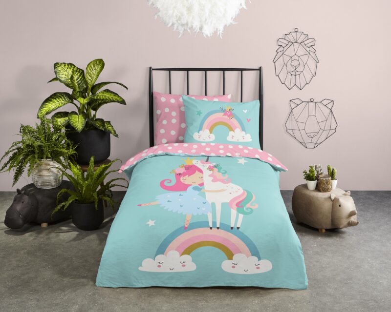 Eenhoorn met regenboog overtrek van Good Morning, 140 x 200/220 cm, kussensloop 60 x 70 cm