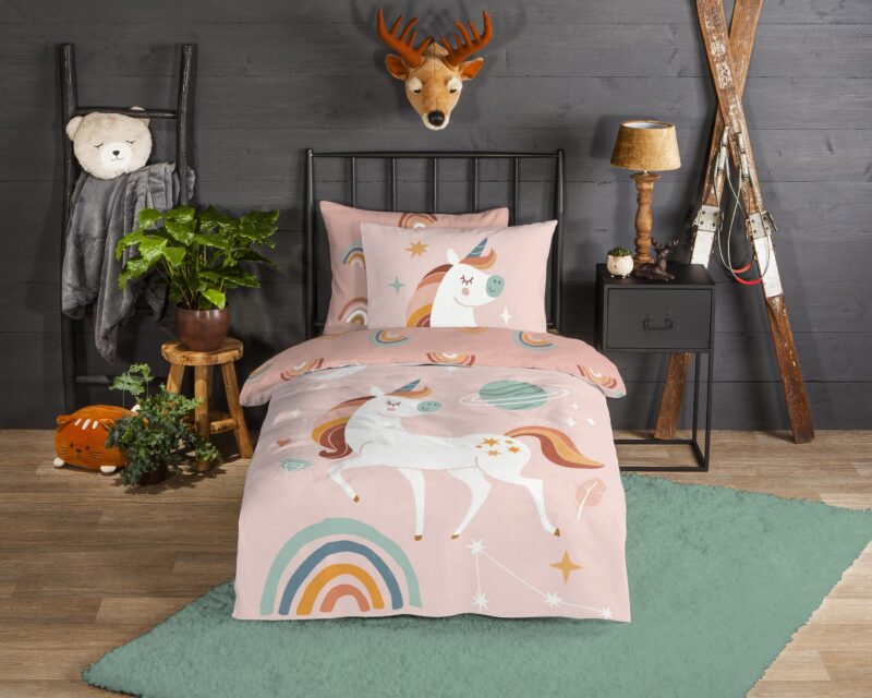 Eenhoorn, planeten en regenboog overtrek van Good Morning, 140 x 200/220 cm, kussensloop 60 x 70 cm
