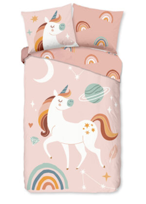 Good Morning dekbedovertrek eenhoorn, planeten en regenboog - Roze - 140 x 200/220 cm - 100% katoen/flanel