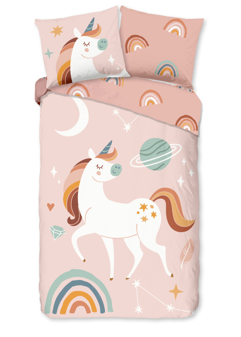 Good Morning dekbedovertrek eenhoorn, planeten en regenboog - Roze - 140 x 200/220 cm - 100% katoen/flanel