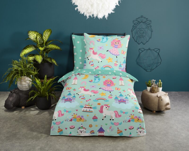 Eenhoorn, prinses, regenboog overtrek van Good Morning, 135 x 200 cm, kussensloop 80 x 80 cm