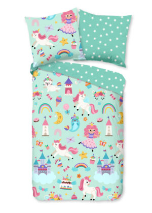 Good Morning dekbedovertrek eenhoorn, prinses, regenboog - Mint - 135 x 200 cm - 100% katoen