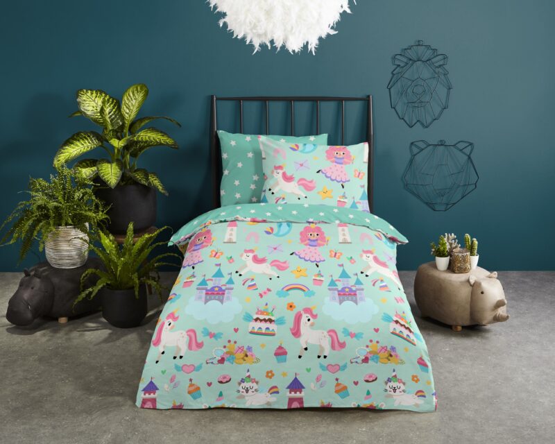 Eenhoorn, prinses, regenboog overtrek van Good Morning, 140 x 200/220 cm, kussensloop 60 x 70 cm