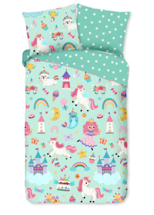 Good Morning dekbedovertrek eenhoorn, prinses, regenboog - Mint - 140 x 200/220 cm - 100% katoen