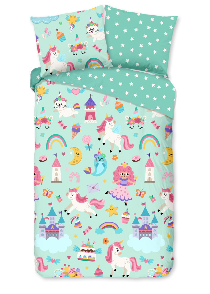 Good Morning dekbedovertrek eenhoorn, prinses, regenboog - Mint - 140 x 200/220 cm - 100% katoen