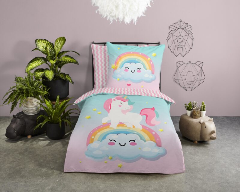 Eenhoorn & regenboog overtrek van Good Morning, 135 x 200 cm, kussensloop 80 x 80 cm
