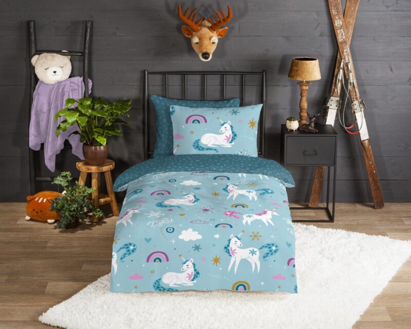 Eenhoorns en regenbogen overtrek van Good Morning, 140 x 200/220 cm, kussensloop 60 x 70 cm