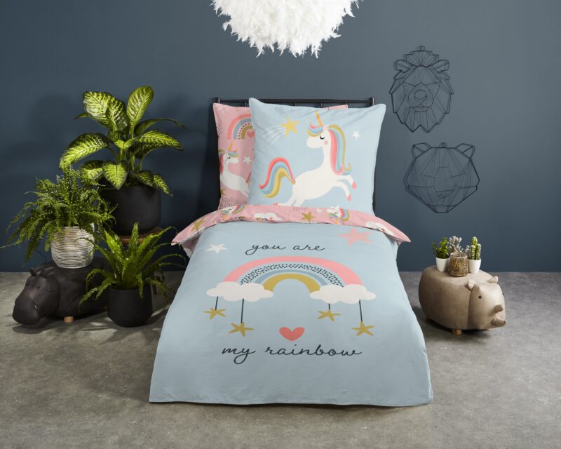 Eenhoren en regenbogen overtrek van Good Morning, 135 x 200 cm, kussensloop 80 x 80 cm