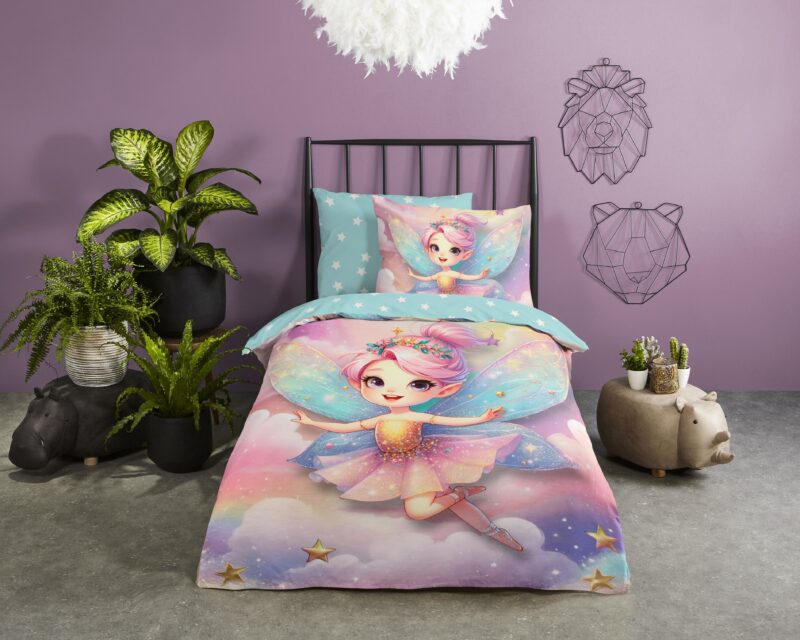 Fee met regenboogvleugels overtrek van Good Morning, 140 x 200/220 cm, kussensloop 60 x 70 cm
