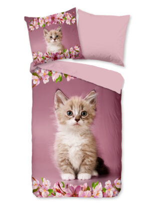 Good Morning dekbedovertrek kitten poes met bloemen - Roze - 135 x 200 cm - 100% katoen