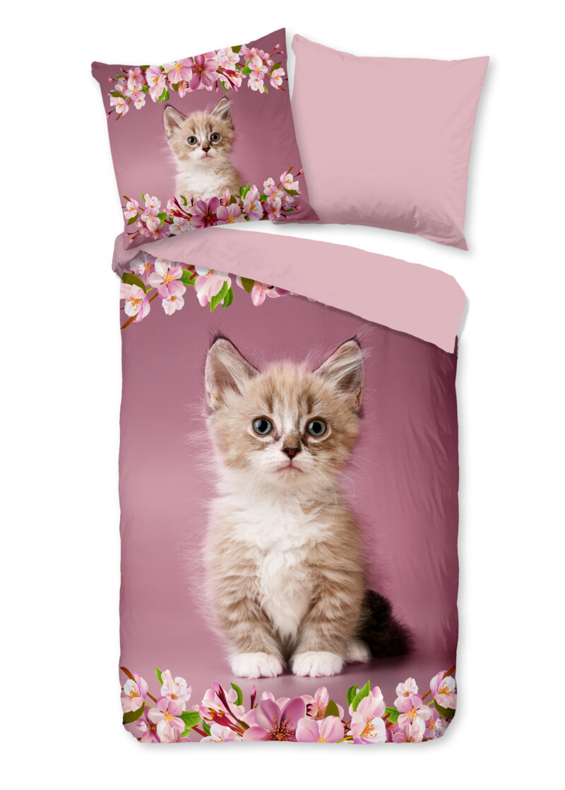 Good Morning dekbedovertrek kitten poes met bloemen - Roze - 135 x 200 cm - 100% katoen