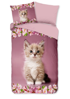 Good Morning dekbedovertrek kitten poes met bloemen - Roze - 140 x 200/220 cm - 100% katoen