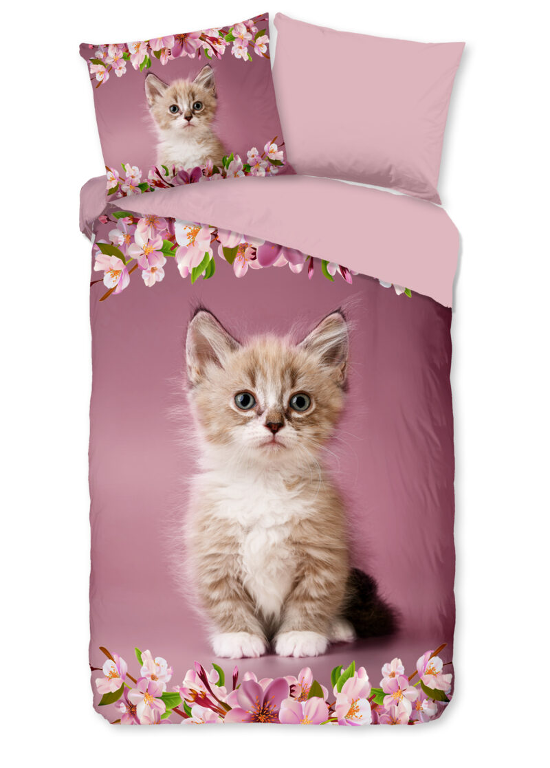 Good Morning dekbedovertrek kitten poes met bloemen - Roze - 140 x 200/220 cm - 100% katoen