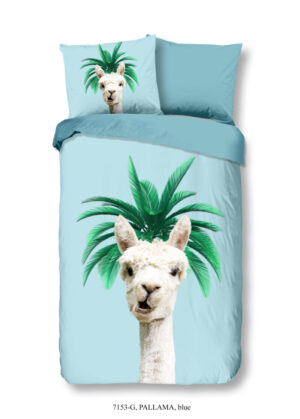 Good Morning dekbedovertrek lama met palmboom - Blauw - 140 x 200/220 cm - 100% katoen