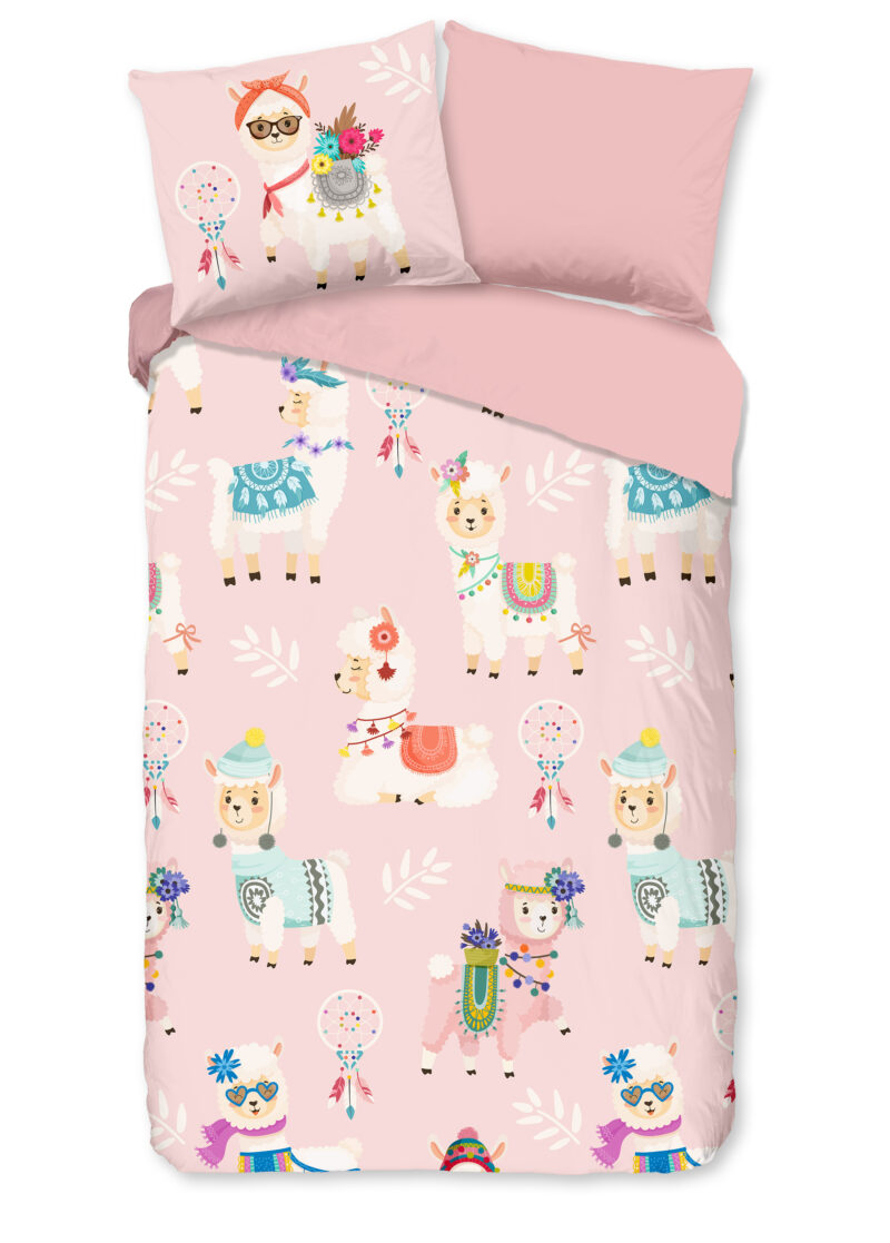 Good Morning dekbedovertrek lama's - Roze - 140 x 200/220 cm - 100% katoen/flanel