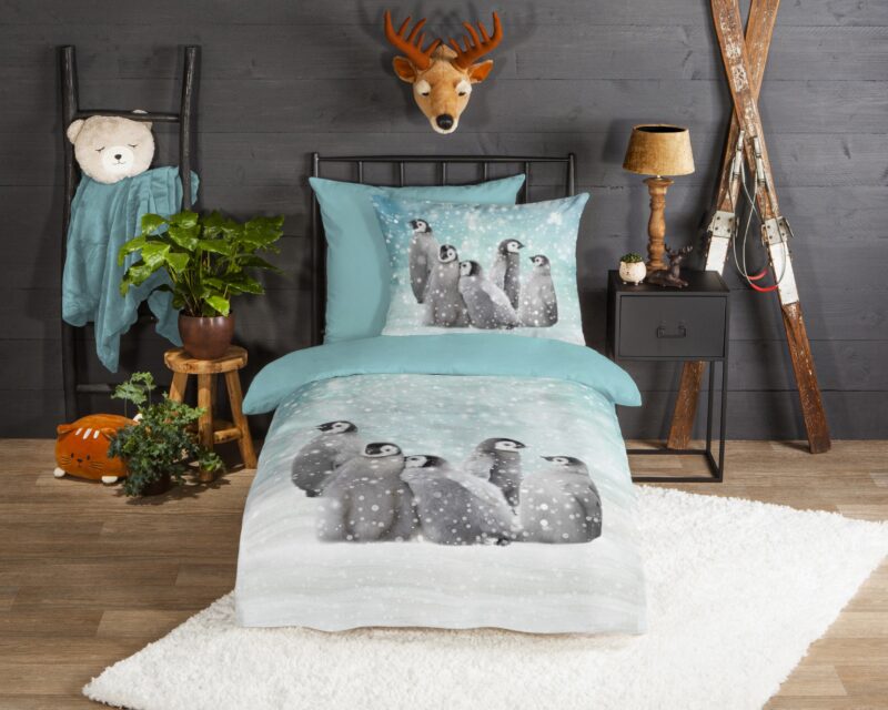 Pinguins overtrek van Good Morning, 135 x 200 cm, kussensloop 80 x 80 cm - Blauw