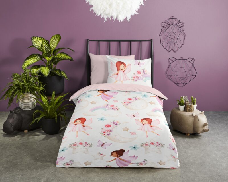 Regenboog, maan en fee overtrek van Good Morning, 140 x 200/220 cm, kussensloop 60 x 70 cm