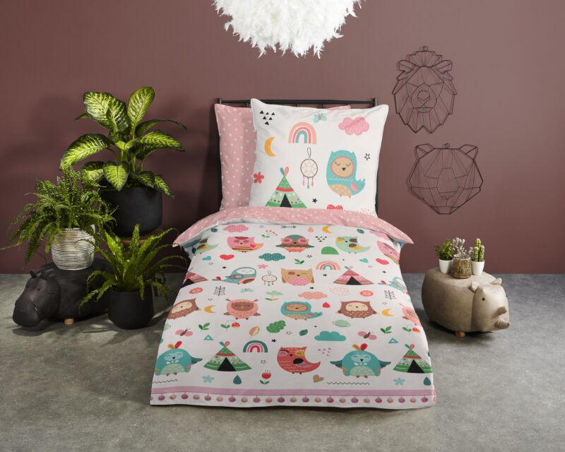 Uilen in boho thema overtrek van Good Morning, 135 x 200 cm, kussensloop 80 x 80 cm