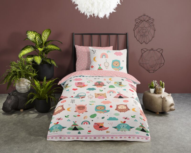 Uilen in boho thema overtrek van Good Morning, 140 x 200/220 cm, kussensloop 60 x 70 cm