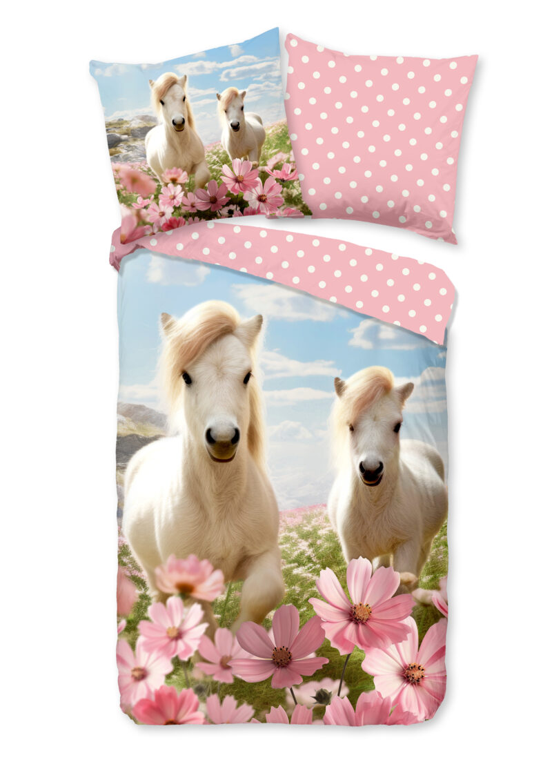 Good Morning dekbedovertrek witte paarden met bloemen - Roze - 135 x 200 cm - 100% katoen