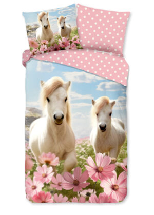 Good Morning dekbedovertrek witte paarden met bloemen - Roze - 140 x 200/220 cm - 100% katoen