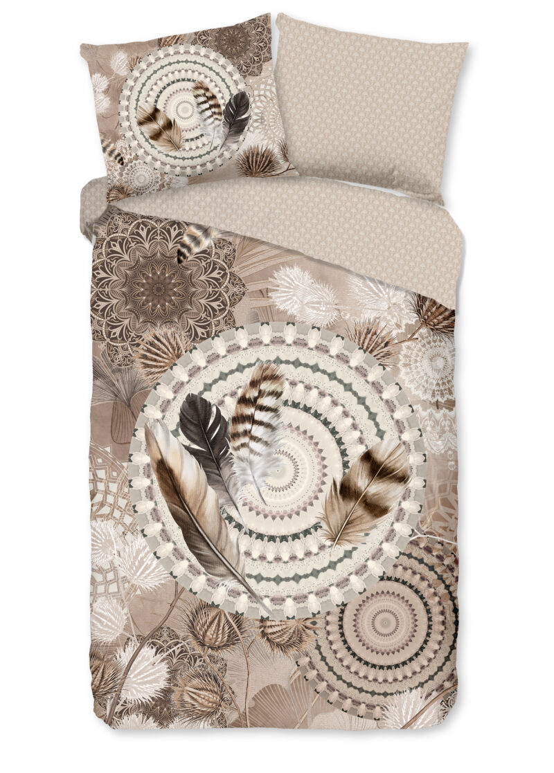 HIP dekbedovertrek mandala's en veren - Taupe - 140 x 200/220 cm - 100% katoen/flanel