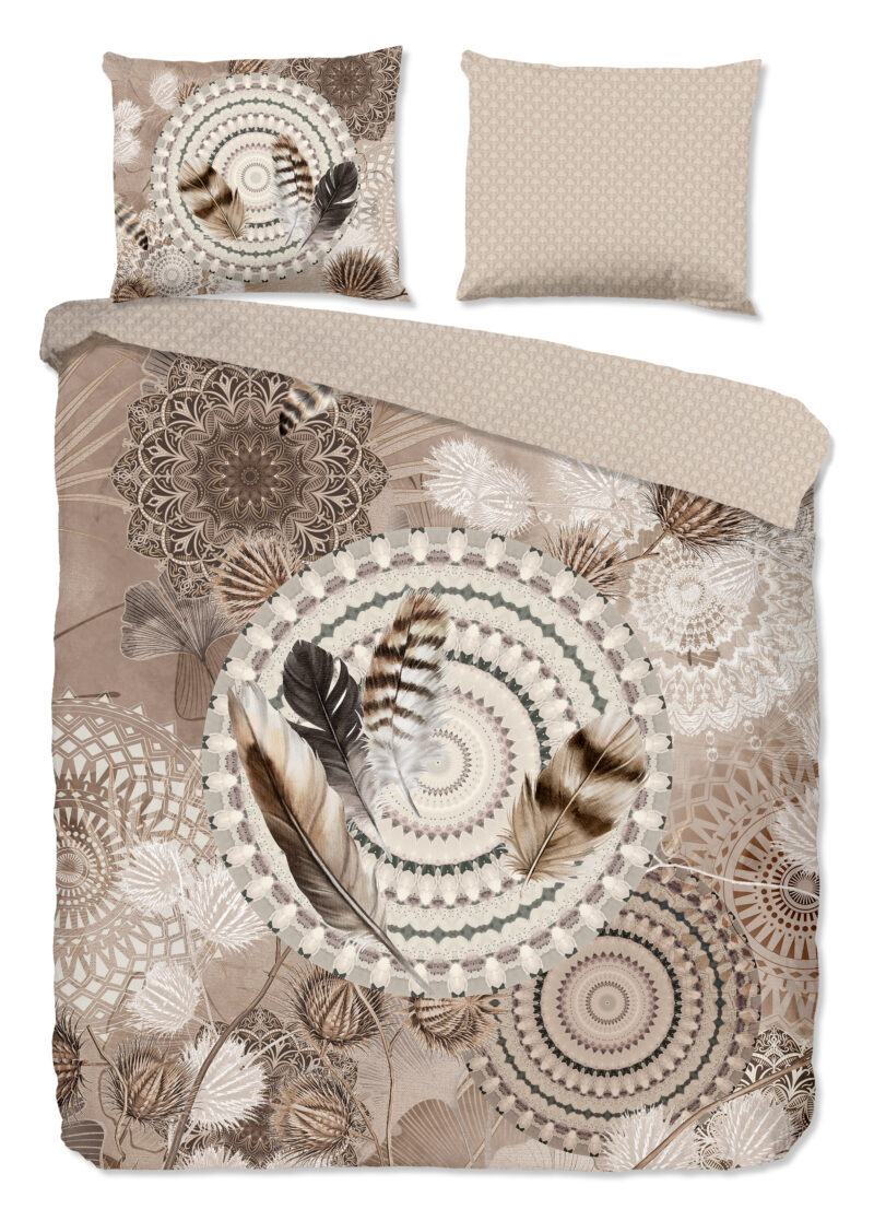 HIP dekbedovertrek mandala's en veren - Taupe - 200 x 200/220 cm - 100% katoen/flanel