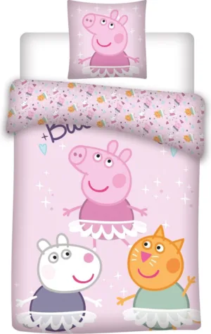 Peppa Pig dekbedovertrek 3 pigs 140 x 200 cm roze - Roze/Blauw - 140 x 200 cm - 100% katoen
