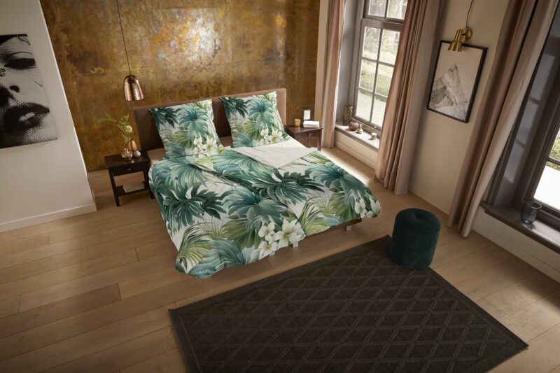 Bladeren en bloemen overtrek van Pure, 135 x 200 cm, kussensloop 80 x 80 cm