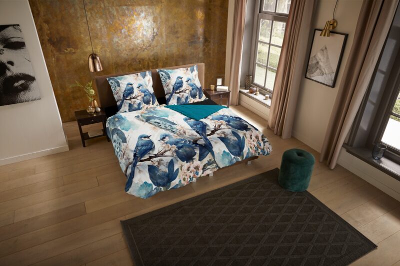 Blauwe vogels overtrek van Pure, 135 x 200 cm, kussensloop 80 x 80 cm