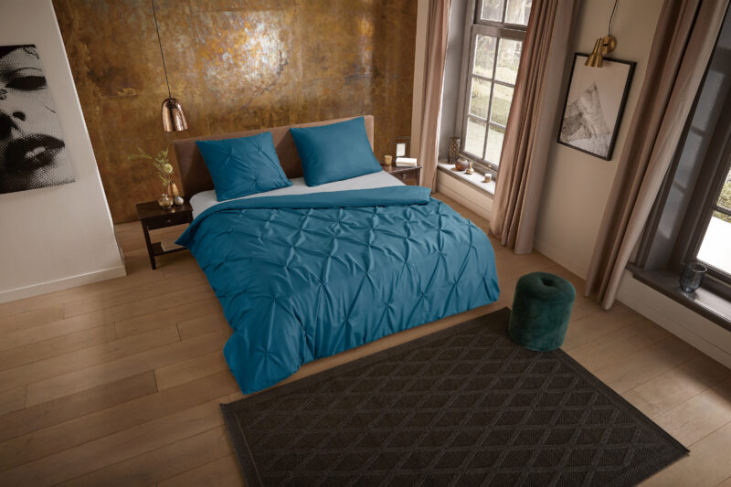Luxe stiksel plooien overtrek van Pure, 140 x 200/220 cm, kussensloop 60 x 70 cm - Petrol