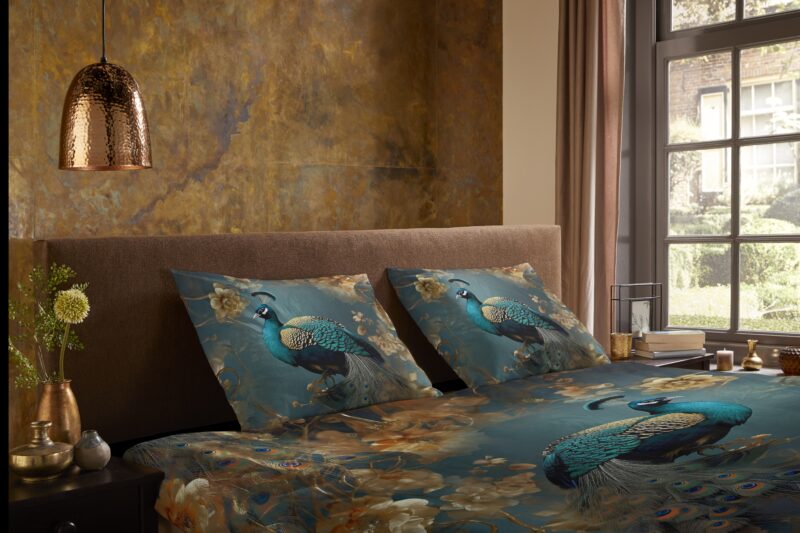 100% Polyester dekbedset pauw met gouden bloemen van Pure in 135 x 200 cm