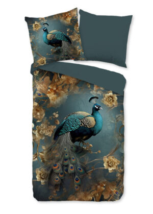 Pure dekbedovertrek pauw met gouden bloemen - Petrol - 135 x 200 cm - 100% Polyester