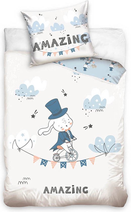 DREAMEE dekbedovertrek Rabbit Junior 140 X 200 Cm Katoen Wi - Lichtblauw, Wit - 140 x 200 cm - 100% katoen
