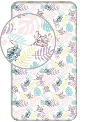 Lilo en Stitch hoeslaken Bladeren - Wit - 90 x 200 cm - 100% katoen