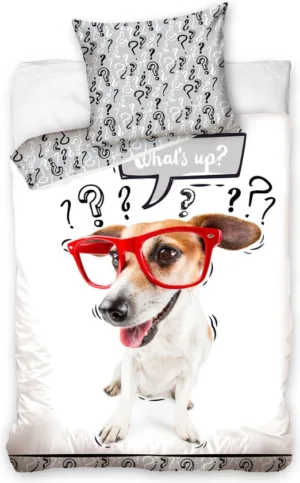 DREAMEE dekbedovertrek What's up dog bril 140x200 cm - Wit - 140 x 200 cm - 100% katoen