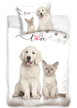 DREAMEE dekbedovertrek hond met kat 140 x 200 cm - Wit - 140 x 200 cm - 100% katoen