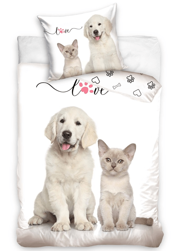 DREAMEE dekbedovertrek hond met kat 140 x 200 cm - Wit - 140 x 200 cm - 100% katoen