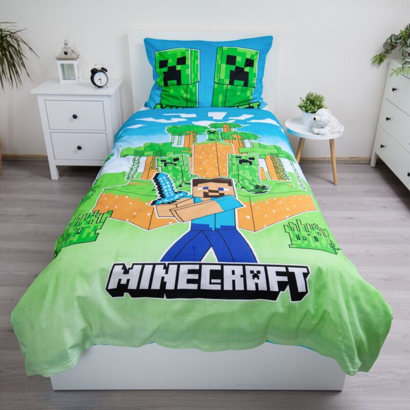 Glow in the dark overtrek van Minecraft, 140 x 200 cm, kussensloop 70 x 90 cm