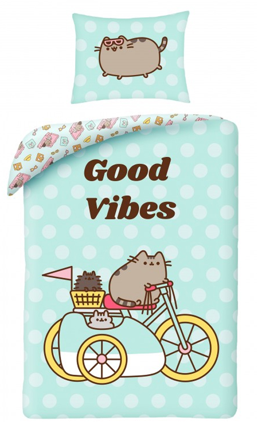 Pusheen dekbedovertrek Good Vibes 140 x 200 cm Katoen - Groen/Roze - 140 x 200 cm - 100% katoen