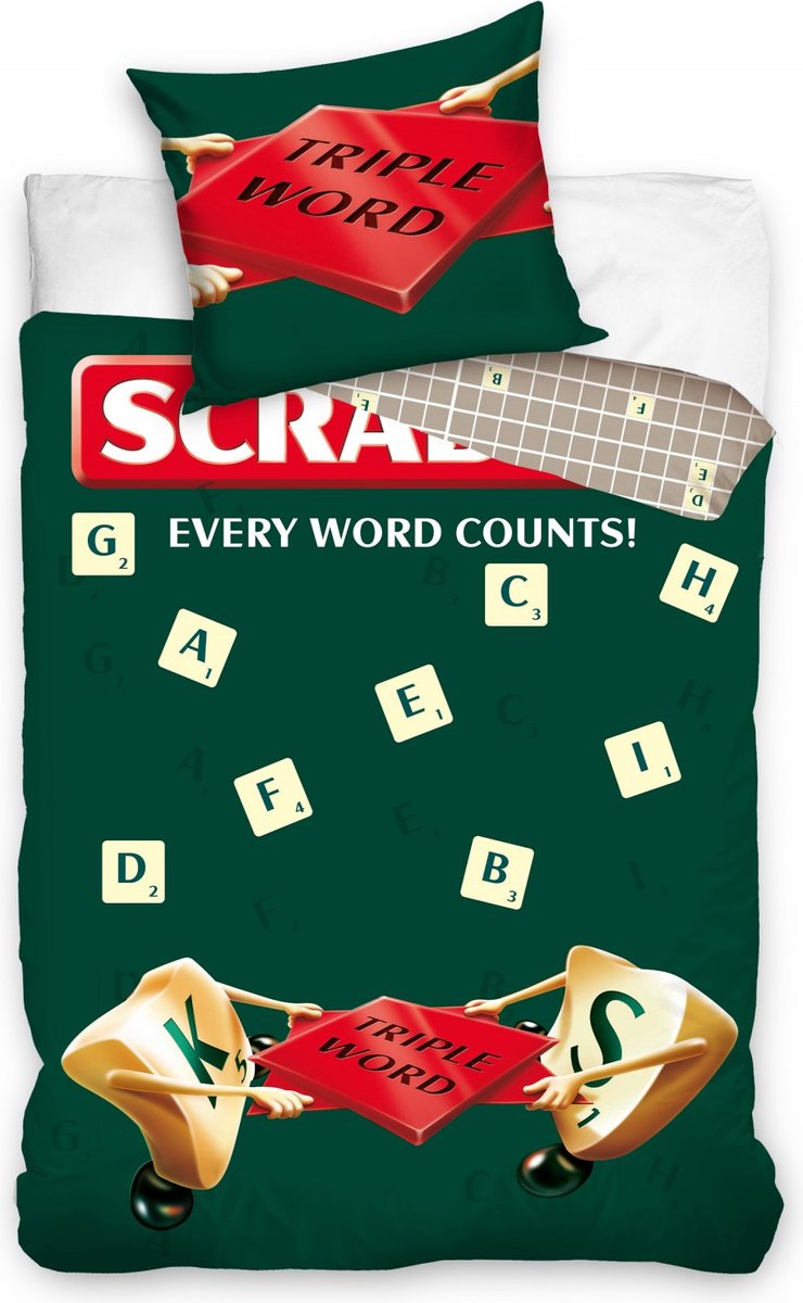 Scrabble dekbedovertrek Every Word Counts Groen 140 x 200 cm - Wit - 140 x 200 cm - 100% katoen