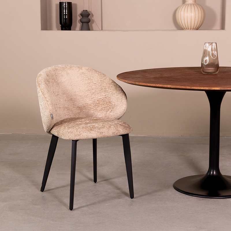 LABEL51 Eetkamerstoel Logan - Beige - Chenille - Zwart Metalen Frame